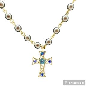 Rosary Style Faux Black Pearl Blue Crystal Floral Cross Necklace